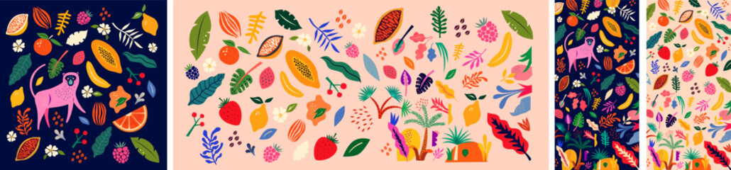 Exotic backgrounds. Vector colorful illustrations with tropical fruits, leaves, monkey. Brazil tropical pattern. 