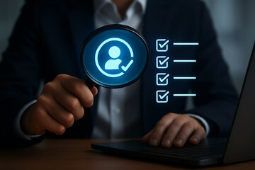 Businessman examines user profile and checklist on digital screen with magnifying glass