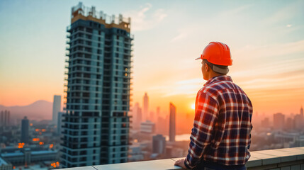 Rooftop Construction Worker - Sunset City View, A construction worker in a hard hat stands on a rooftop, and gazes out over a vibrant city skyline at sunset.
