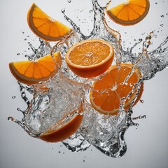 "Juicy orange slices with water splashes on white background, high-speed photography"