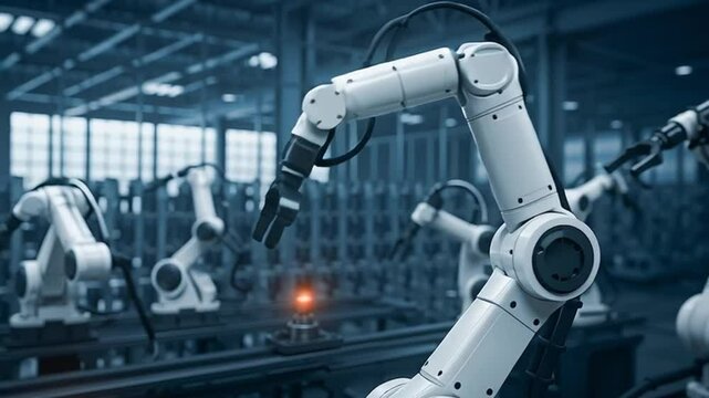 Artificial intelligence robotic arm operating in smart factory with digital interface displaying data analytics for automation and manufacturing technology enhancing industrial production efficiency