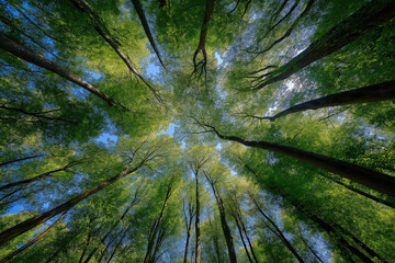 'In the lush, green forest, tall trees reach towards the blue sky with sunlight shining through their leaves.