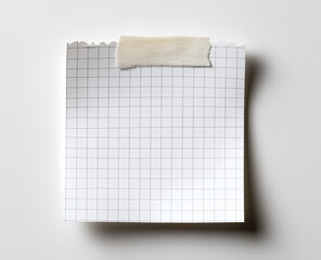 Blank squared paper sheet clipped with metal binder against white background in minimalist office stationery flat lay

