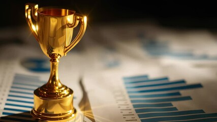 Golden trophy shining brightly on a table with business graphs and charts in a modern office setting - Powered by Adobe