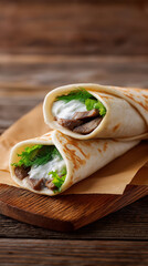 Delicious wraps filled with tender meat, fresh greens, and creamy sauce, served on a wooden board, showcasing a mouthwatering culinary delight for food enthusiasts