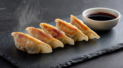 Deliciously plated dumplings on a black slate board, with steam rising, accompanied by a small bowl of soy sauce, showcasing appetizing Asian cuisine and culinary artistry