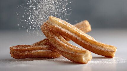Delicious churros dusted with sugar, arranged artistically on a clean surface, showcasing their crispy texture and golden-brown color, perfect for dessert lovers and culinary enthusiasts