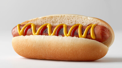 Delicious hot dog in a soft bun, topped with bright yellow mustard, presented on a clean white background, showcasing a classic American snack for culinary enjoyment