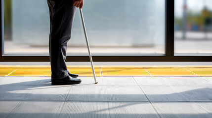 Individual standing with a white cane, wearing formal attire, near a large window with bright natural light, showcasing accessibility and independence in urban environment
