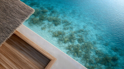 Tranquil view of a wooden deck overlooking a serene turquoise pool, with clear water revealing underwater vegetation, creating a peaceful and inviting atmosphere for relaxation