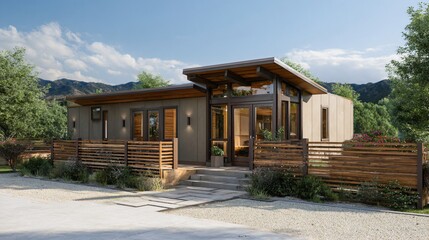 Tiny modular home with earth tones and bamboo fence, clear sky above