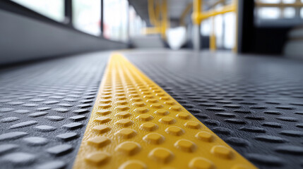 Close-up view of textured rubber flooring with yellow safety line in public transport vehicle, showcasing modern design and functionality for passenger safety and comfort