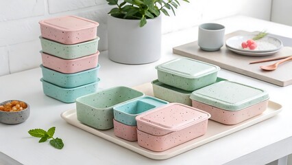 Eco-Friendly Meal Prep: A vibrant assortment of reusable containers is artfully displayed. These eco-friendly containers offer an easy solution to a conscious way of storage for any food type.