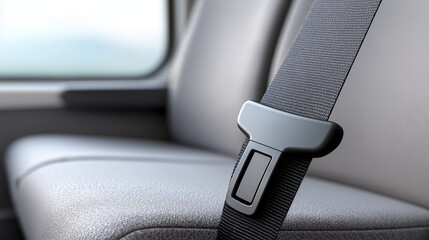 Close-up of a black seatbelt buckle on a modern vehicle seat, showcasing safety features and design elements, emphasizing comfort and security in automotive interiors