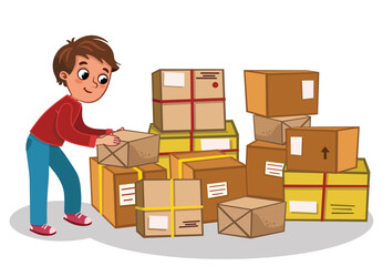 Delivery Boy with Parcels - Cute Cartoon Character Illustration
