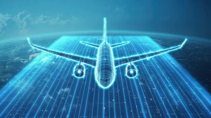 Digital airplane hologram flying over earth with glowing blue lines and futuristic technology design showcasing advanced flight and sky innovation in digital aviation technology - Powered by Adobe