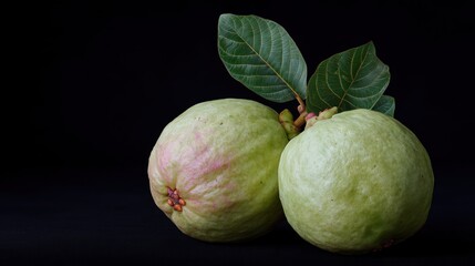 Elegant still life featuring two ripe guavas against a stark black backdrop