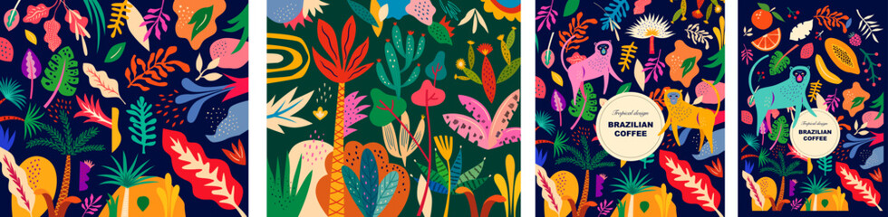 Vector colorful illustrations with tropical flowers, leaves. Brazil tropical patterns. Package design 