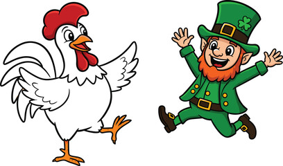 Cartoon chicken dancing, happy leprechaun jumping, St Patrick’s Day, vector illustration, mascot design, fun  © Bokul Creatives