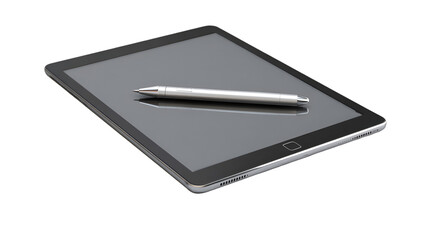 A gray tablet with a stylus resting on the screen against a plain black background in a studio shot