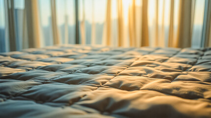 Cozy Bed with Sunlight - Serene Bedroom Still Life, A close-up view of a beautifully quilted bed bathed in warm, natural sunlight streaming through a window.