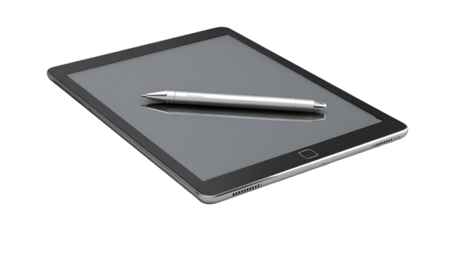 A gray tablet with a stylus resting on the screen against a plain black background in a studio shot