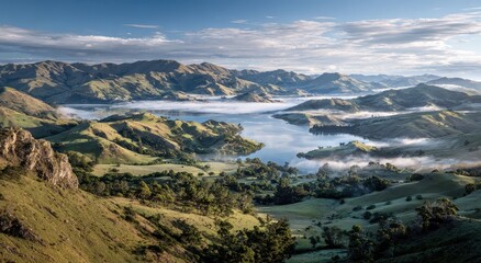 Obraz premium Valley lake view with morning fog and hills. Scenic travel background nature shot