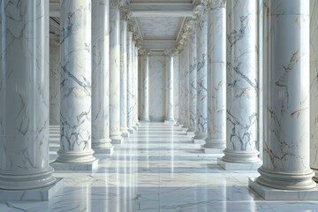 Obraz premium Sunlight illuminating shiny marble floor in elegant hallway with rows of columns supporting high ceiling