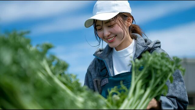 青空の下、笑顔でセロリを収穫する若い女性