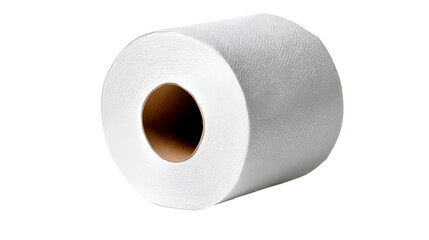 A single roll of white toilet paper with a brown cardboard tube on a black background in studio light