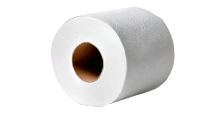 A single roll of white toilet paper with a brown cardboard tube on a black background in studio light