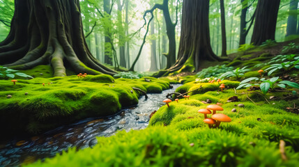 Enchanted Forest Stream with Orange Mushrooms, A tranquil forest scene featuring a gentle stream winding through a lush, green environment. Mossy rocks and vibrant plants line the stream's edge.