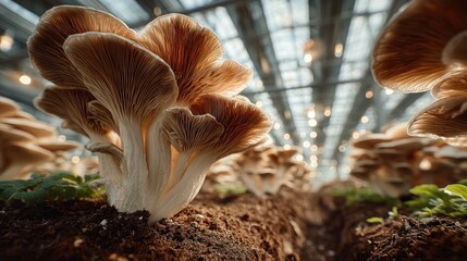Intricate patterns of cultivated mushrooms under the soft light of a greenhouse