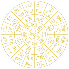金色3Dの龍体文字フトマニ図　古代マントラ図形シルエット