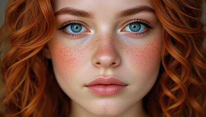 Portrait of red-haired model with clear freckled skin and curly hair. Skin care, dermatology, body positivity concept, for cosmetic and fashion projects