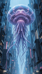 “Surreal Sci-Fi Scene of Glowing Jellyfish Floating Over Rainy Neon Cityscape at Night”