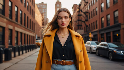 Portrait of a girl in a yellow coat on a city street. Long hair and bright makeup. Ideal for fashion shoots and advertising, fashion projects