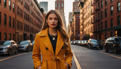 Portrait of a girl in a yellow coat on a city street. Long hair and bright makeup. Ideal for fashion shoots and advertising, fashion projects