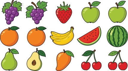 Cartoon fruit collection, colorful vector fruits, healthy food, clipart design, apple, banana, watermelon, cherry, pear, orange, strawberry, grape,