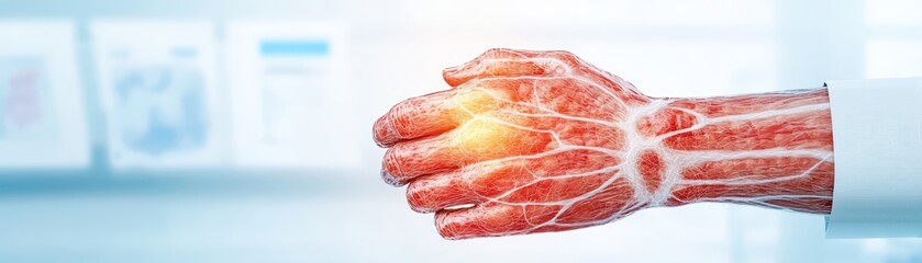 Detailed Illustration of a Human Hand Anatomy with Visible Blood Vessels and Tissue Structures for Medical Education