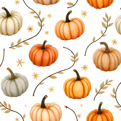 Seamless pattern, Watercolor Pumpkin Patch