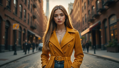 Portrait of a girl in a yellow coat on a city street. Long hair and bright makeup. Ideal for fashion shoots and advertising, fashion projects