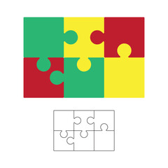 Jigsaw puzzle background, blank 2x3 puzzle template, colorful isolated on white, vector illustration.