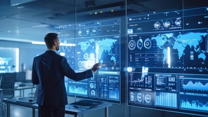 Man analyzing data on futuristic screens, technology and innovation visual interface - Powered by Adobe