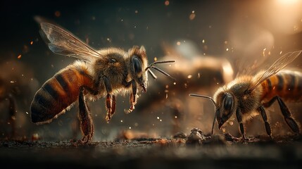 Captivating close-up showcasing the intricate details of honeybees foraging on earth