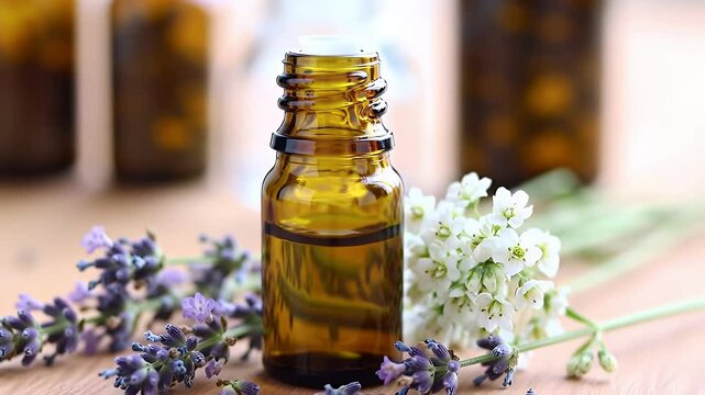 Amber Essential Oil Bottle with Purple Lavender and White Flowers on Brown Wooden Table in Soft Lighting