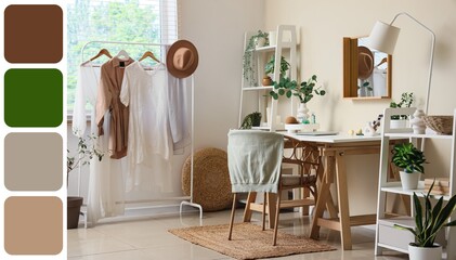 Interior of light room with dressing table, shelf units and clothes rack. Different color patterns
