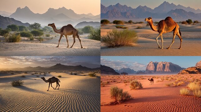 Camels traversing desert landscapes at various times of day