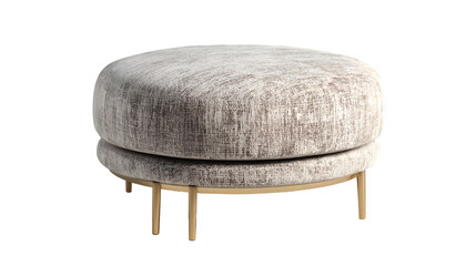 A round upholstered ottoman with a textured fabric and gold colored legs on a black background