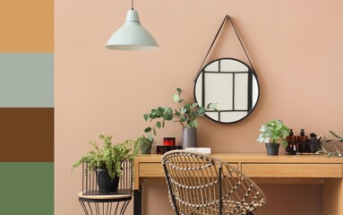 Interior of room with dressing table, plants and mirror. Different color patterns